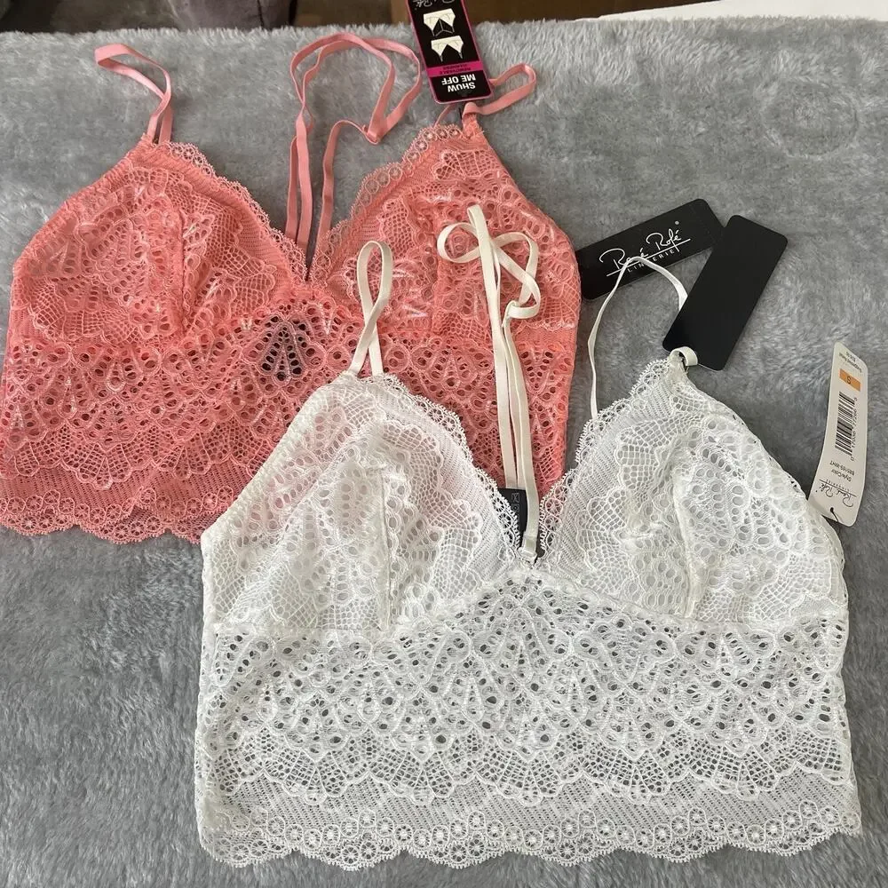Long Line Lace Choker Sexy Bra Lingerie Lace Bralette 2 Pack Small‎ Pink & White